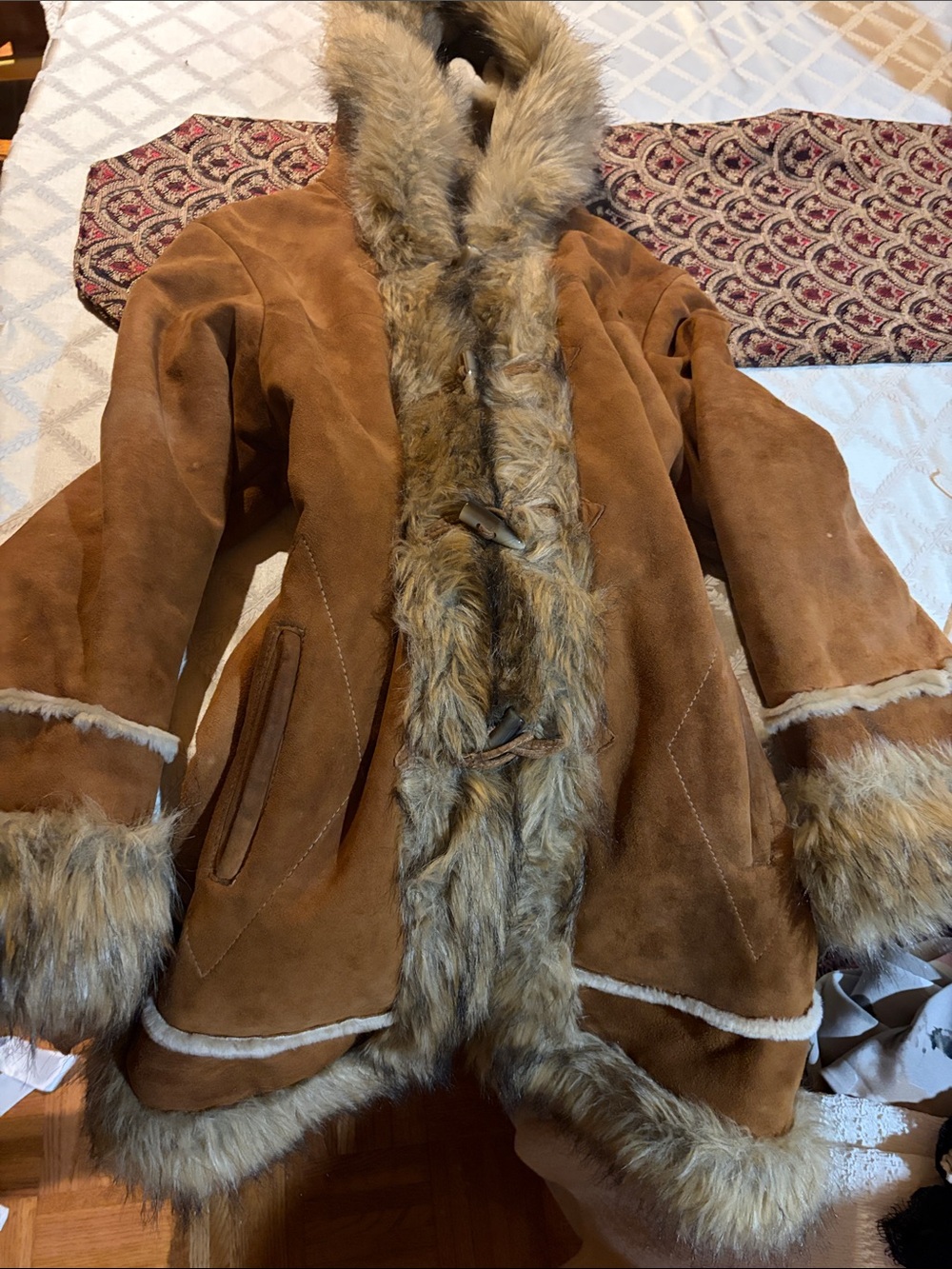 Wilsons Leather Brown Suede Faux Fur Trim Toggle Coat